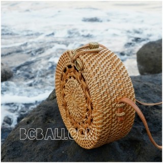 new rattan handbags circle design motif bow close handle leather